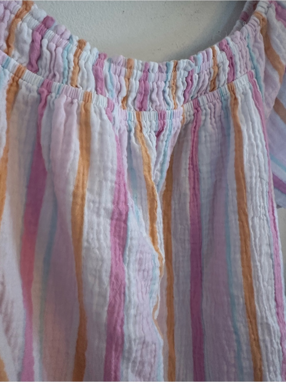 🍋 5/$25 100% Cotton Gauze Off Shoulder Stripe Boho Coastal Blouse Pink Orange - Picture 3 of 6